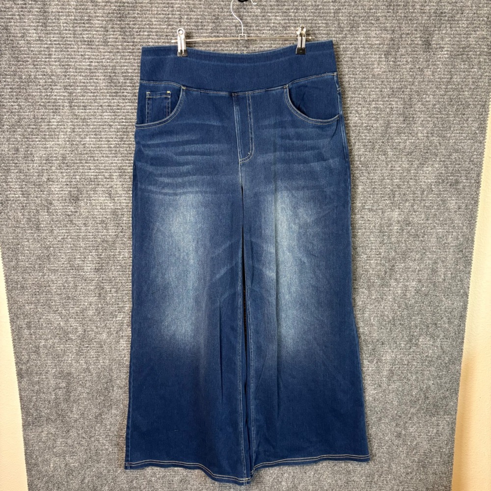Halara Wide Leg Pull On Jeans Womens L Dark Wash Stretch High Rise Palazzo Denim